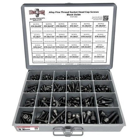 Boltsandnuts.Com Inch Alloy Allen Fine Thread Socket Head Cap Screws Bolts Black Oxide Assortment - 453 PCS Assortment Kit #302